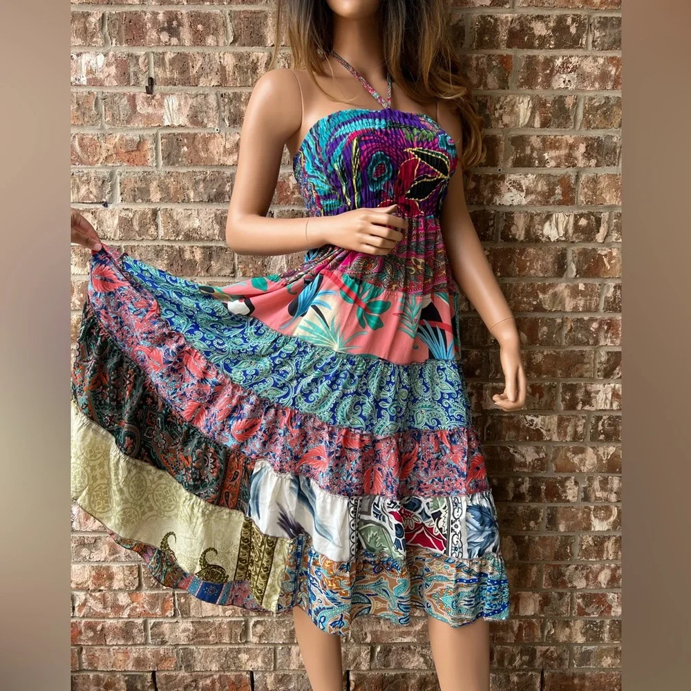 Smocked Ruched Patchwork Boho Dress Skirt - Picture 8 of 17